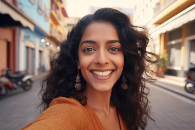 Young beautiful smiling happy girl taking selfie Generative AI