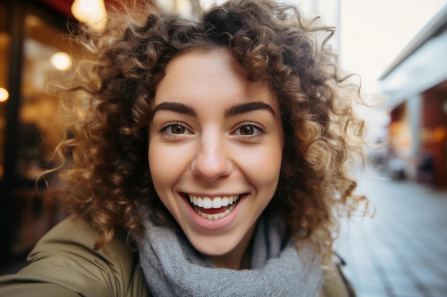 Foto giovane, bella, sorridente, felice ragazza che si fa un selfie.