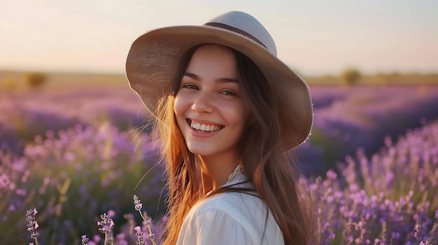 Young beautiful smiling woman standing in a lavender field She is wearing a white dress and a hat The sun is setting and the lavender is in bloom