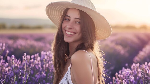 Young beautiful smiling woman in a white summer hat standing in a lavender field