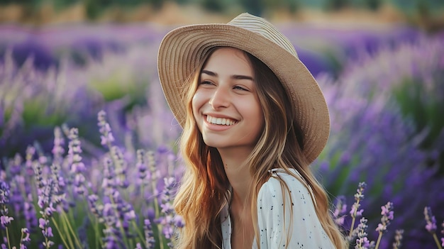 Photo young beautiful smiling woman with long blond hair wearing a straw hat standing in a lavender field