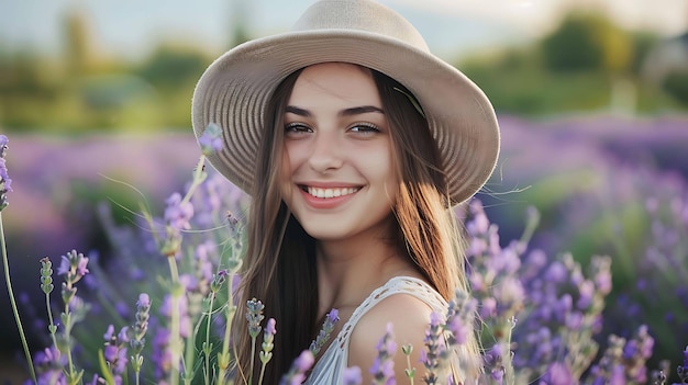 Young beautiful smiling woman with long brown hair wearing a straw hat standing in a lavender field on a sunny day