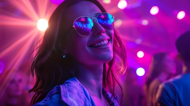 Photo young beautiful smiling woman with sunglasses at a party