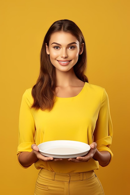 Young beautiful stylish woman holding an empty plate or dish isolated on yellow background