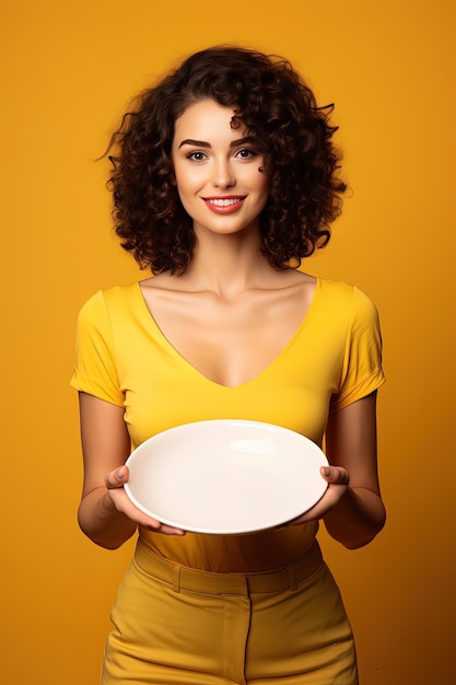 Young beautiful stylish woman holding an empty plate or dish isolated on yellow background