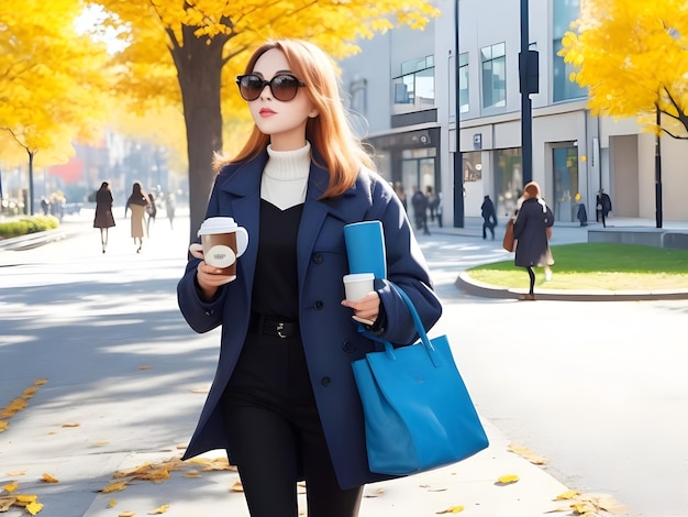 Young beautiful stylish woman walking in autumn wearing coat young woman walking ai generate