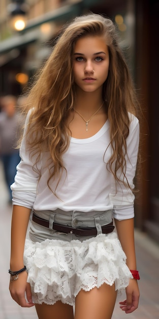 A young beautiful teenage small girl in running shorts