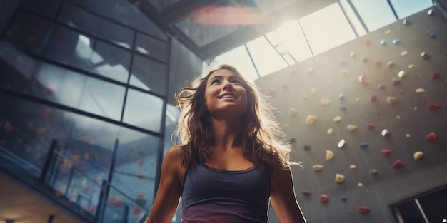 Foto una giovane e bella donna sullo sfondo di una parete da arrampicata che mostra la sua forza e la sua grazia nell'arrampicata su roccia ia generativa