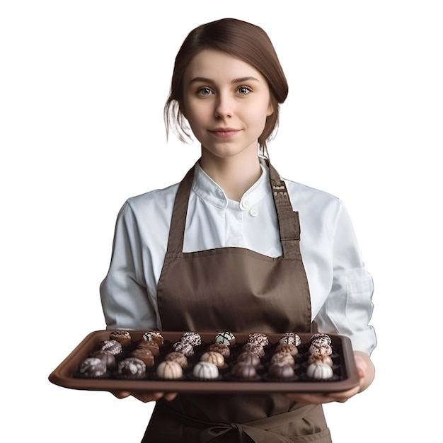 앞치마와 갈색 앞치마를 입은 젊은 아름다운 여성은 흰색 배경에 분리된 초콜릿 사탕이 담긴 쟁반을 들고 있습니다.