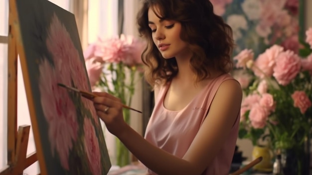 Photo young beautiful woman artist painting at home pinkgenerative ai