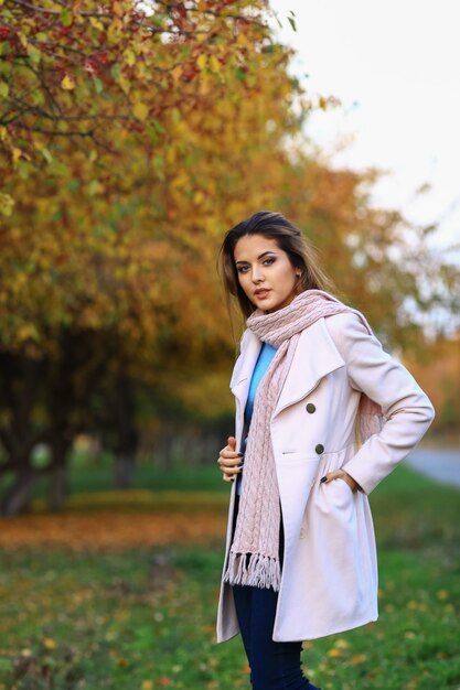 Young beautiful woman in autumn park posing