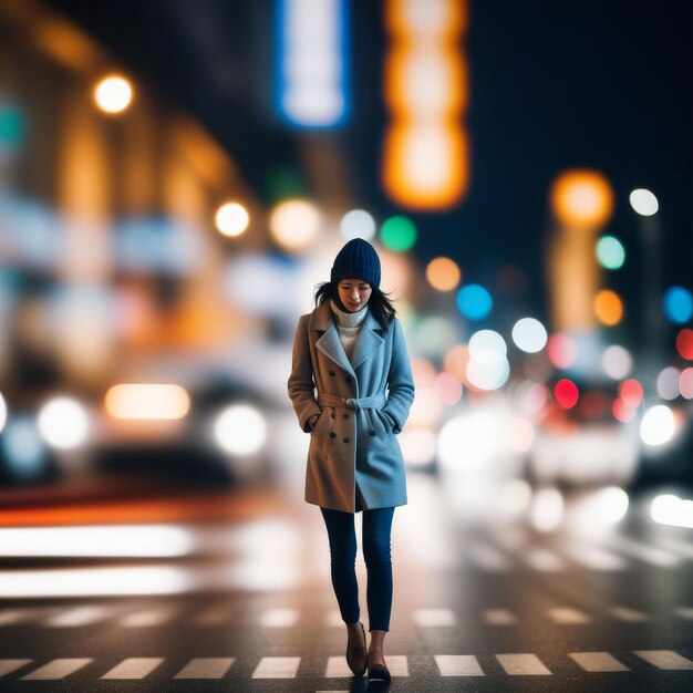 young beautiful woman in a black coat and a backpack on the street in the city young beautiful