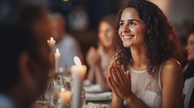 Photo young beautiful woman claps her hands at a restaurant event