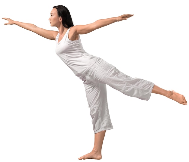 Young beautiful woman doing yoga  on white  background