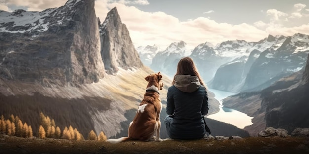 젊은 미녀는 산에서 하이킹 여행을 하는 동안 개와 함께 경치를 즐긴다