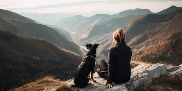 Young beautiful woman enjoy view with her dog during hiking trip in the mountain