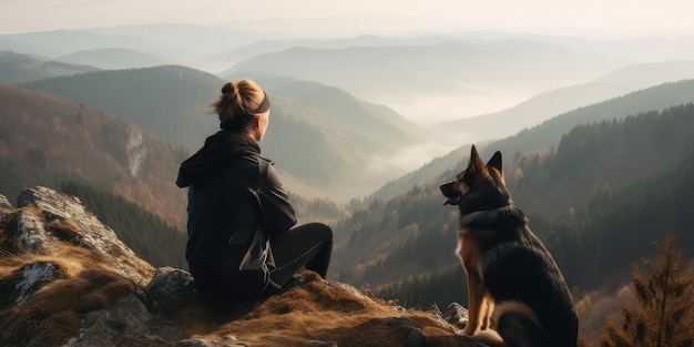 Young beautiful woman enjoy view with her dog during hiking trip in the mountain