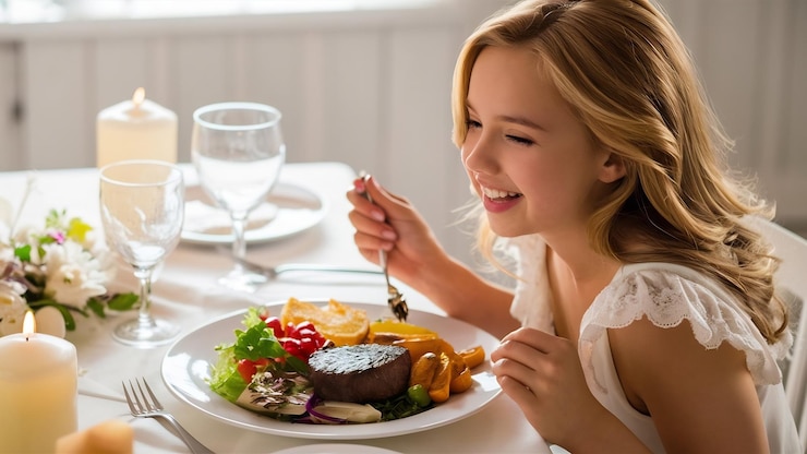 Photo 健全な夕食を楽しんでいる美しい若い女性