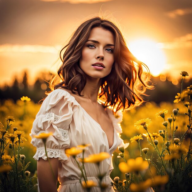 花の畑にいる美しい若い女性