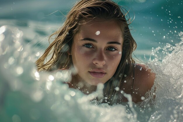 Foto una bella giovane trova l'esaltazione a cavalcare le enormi onde dell'oceano sulla sua tavola da surf