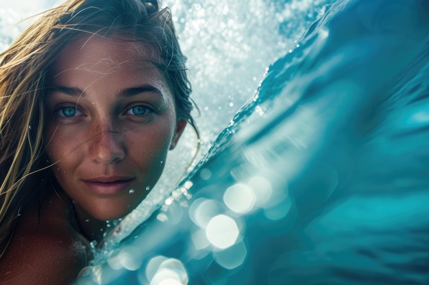 Photo a young beautiful woman finds exhilaration riding massive ocean waves on her surfboard