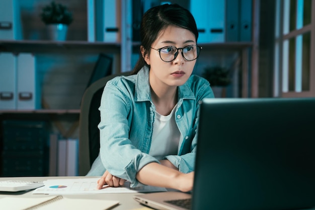 Young beautiful woman freelance using laptop computer at night. concentrated girl worker in glasses typing on keyboard notebook pc in home office in midnight. elegant female employee overtime working