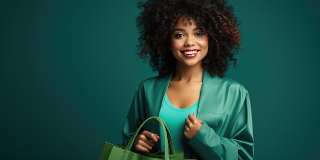 Young beautiful woman on a green background with purchases High quality photo Generative AI