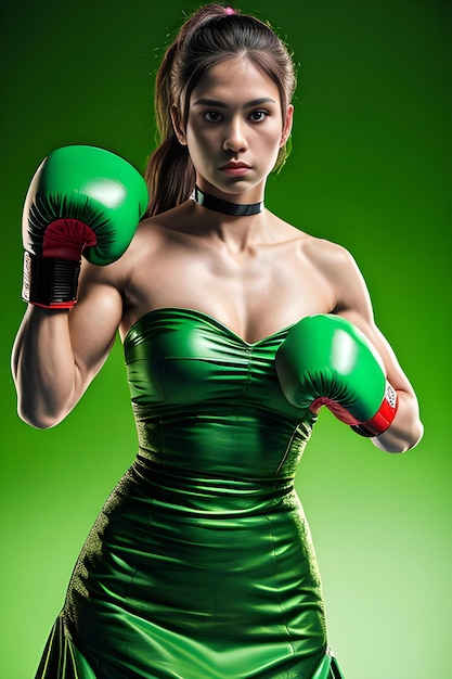 Young beautiful woman in green dress with boxing gloves over green background