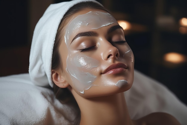 Young beautiful woman having mask procedure in spa centre