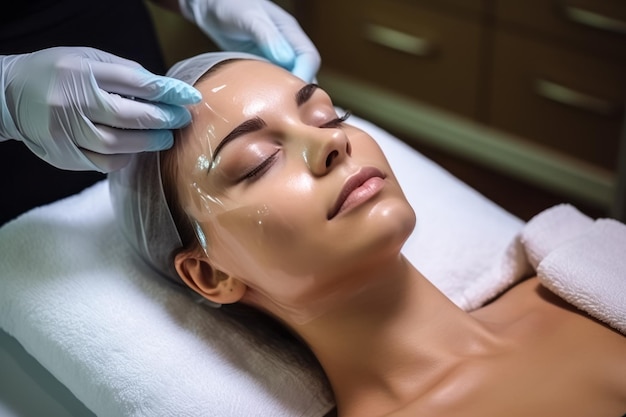 Young beautiful woman having mask procedure in spa centre