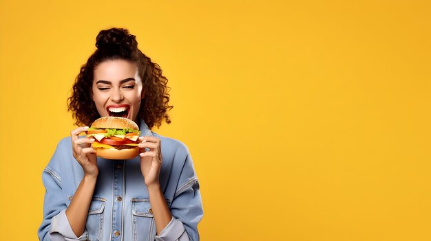 Foto giovane bellissima donna in possesso di un burger isolato sullo sfondo giallo con testo di spazio di copia