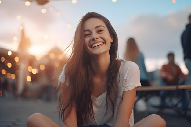 Young beautiful woman is standing in a natural background with a bright sun shining on her face