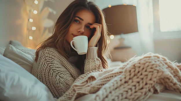 young beautiful woman lady drinking bed tea sitting on the bed at the morning