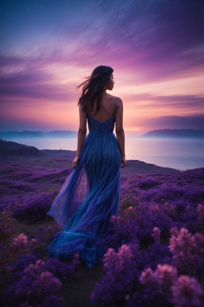 Young beautiful woman in a long blue dress on a lavender field at sunset