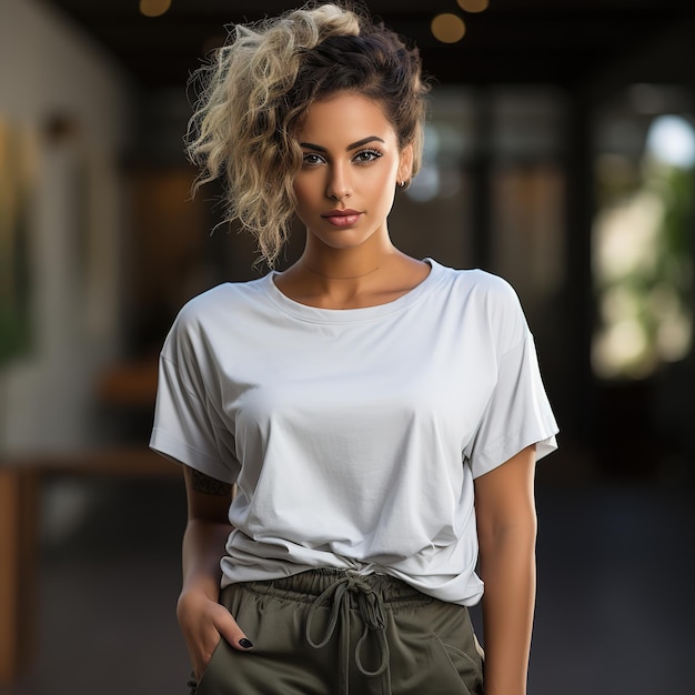 Young beautiful woman looking at camera trendy girl in night street wearing white tshirt