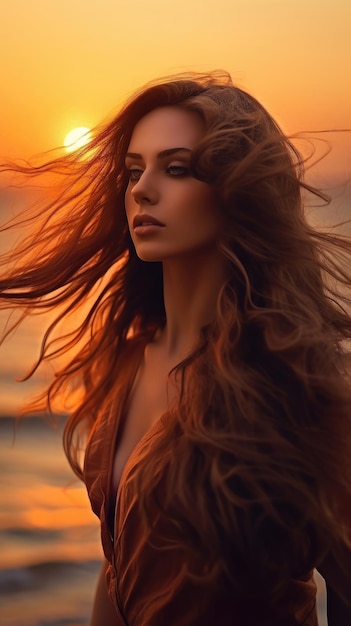 Young beautiful woman looks at the sea at sunset