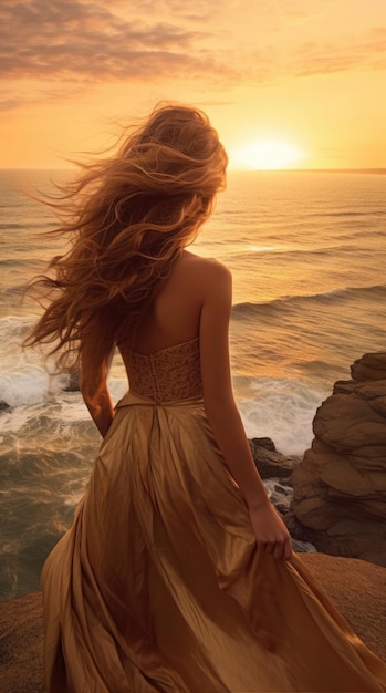 Young beautiful woman looks at the sea at sunset