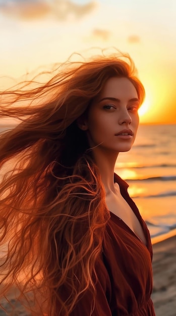 Young beautiful woman looks at the sea at sunset