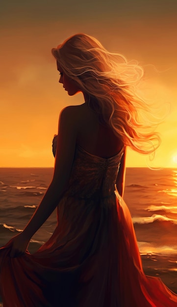 Young beautiful woman looks at the sea at sunset