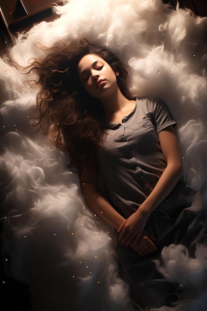 구름에 누워있는 젊은 아름다운 여자