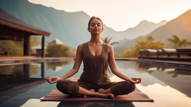 Молодая красивая женщина медитирует на горном фоне Молодае женское йога в природе Генеративная технология Ай