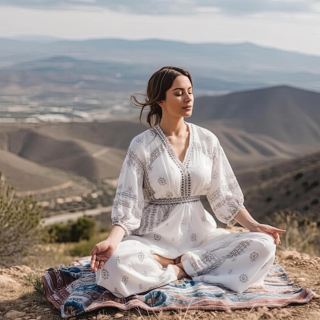 山のヨガと瞑想で瞑想する若い美しい女性