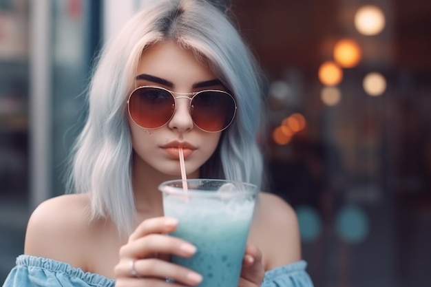 Photo young beautiful woman in mini denim shorts drinking tasty smoothie vintage outfit make up sunglasses