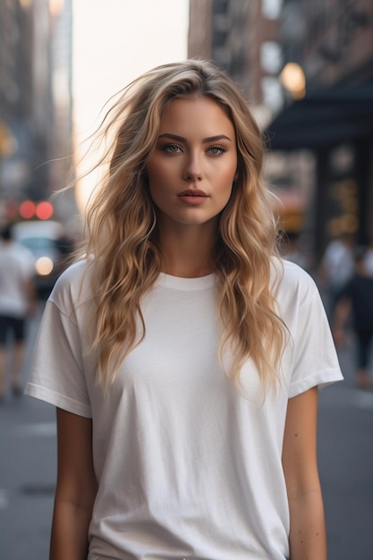 흰색 티셔츠 모형 모델의 젊은 아름다운 여성 모델