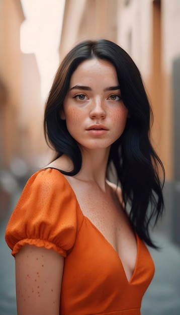 Young beautiful woman in orange dress