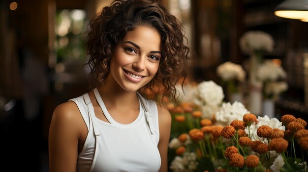 Young beautiful woman owner of a flower shop Small business illustration AI generated