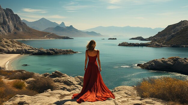 Foto bella giovane donna in posa sulla spiaggia