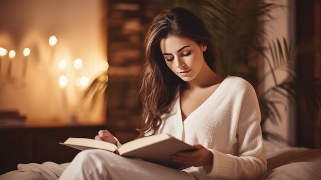 Прекрасная молодая женщина читает книгу дома вечером, расслабляясь и отдыхая.