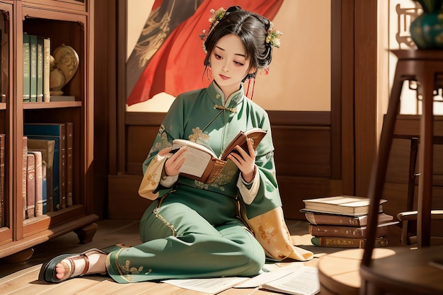 중국 한푸 벽지 삽화를 입고 공부방에서 책을 읽는 젊은 미녀