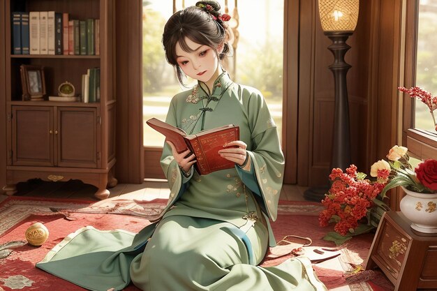 Young beautiful woman reading book in the study room wearing chinese hanfu wallpaper illustration